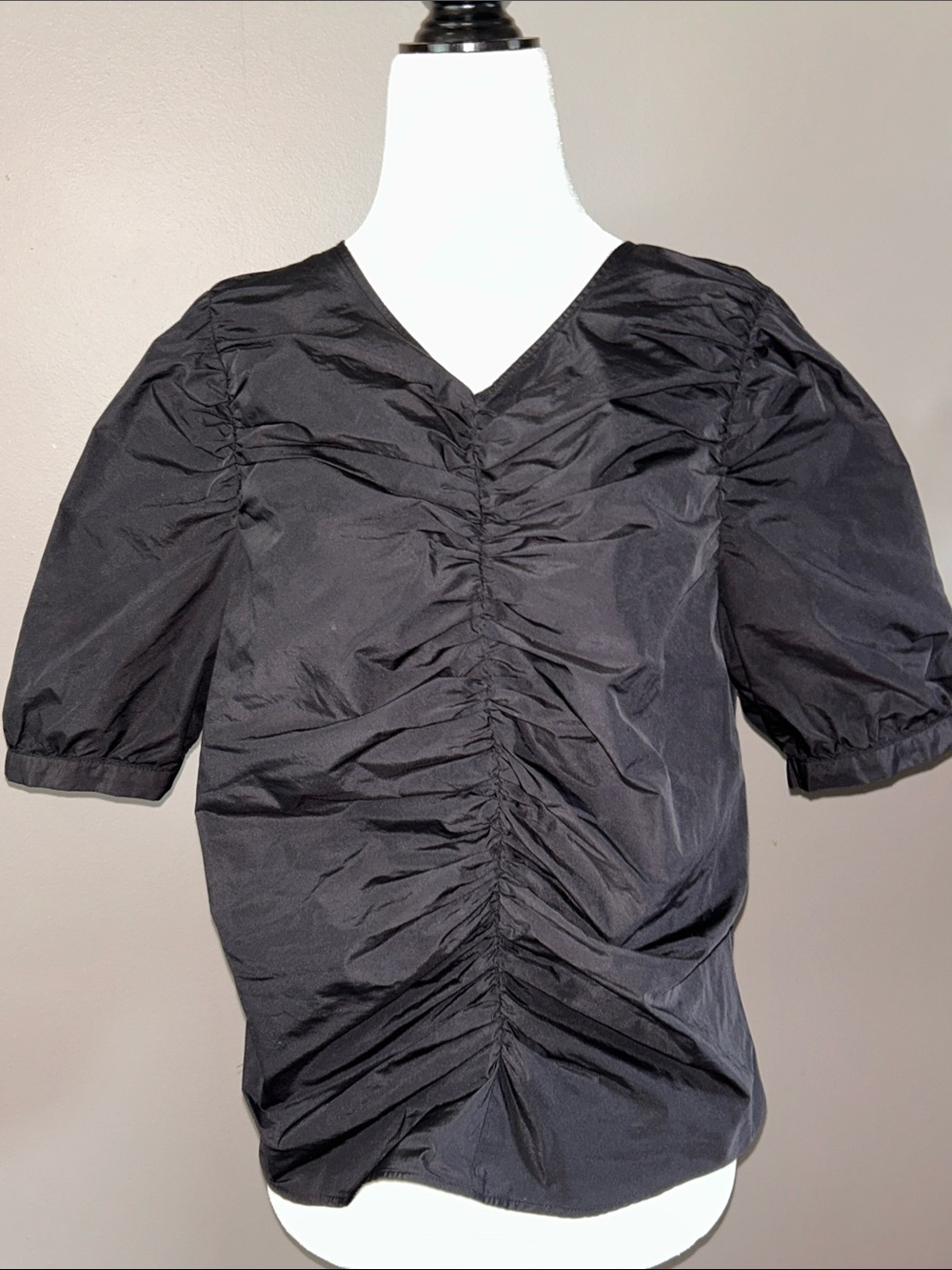 H&M Black Ruched V-Neck Blouse with Puff Sleeves size 12
